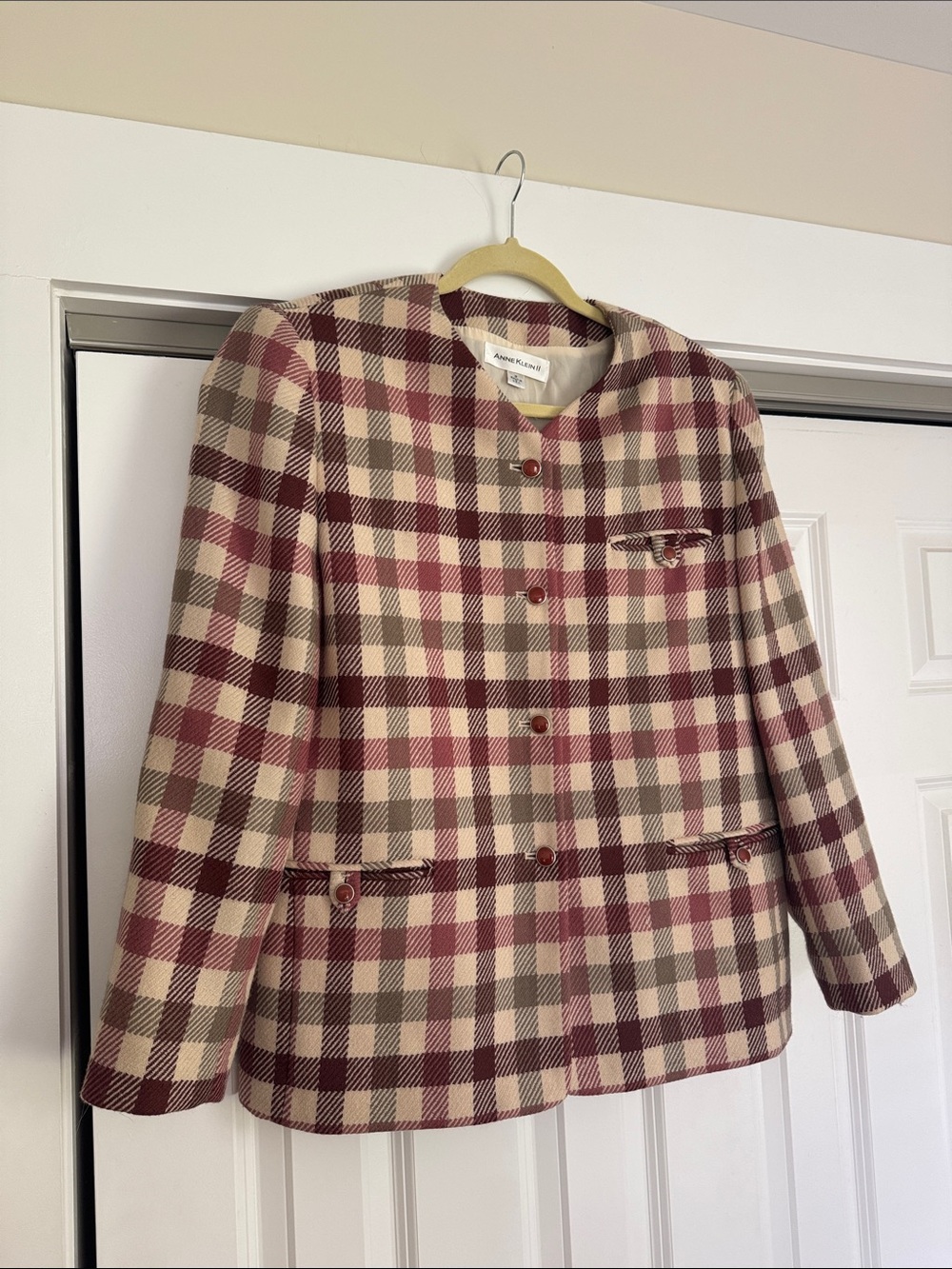 Anne Klein Cream, Wool Plaid Collarless Blazer